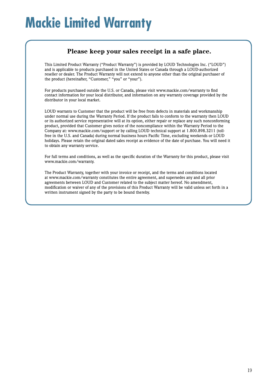 Srm150 limited warranty, Mackie limited warranty, Please keep your sales receipt in a safe place | MACKIE Srm150 User Manual | Page 19 / 20
