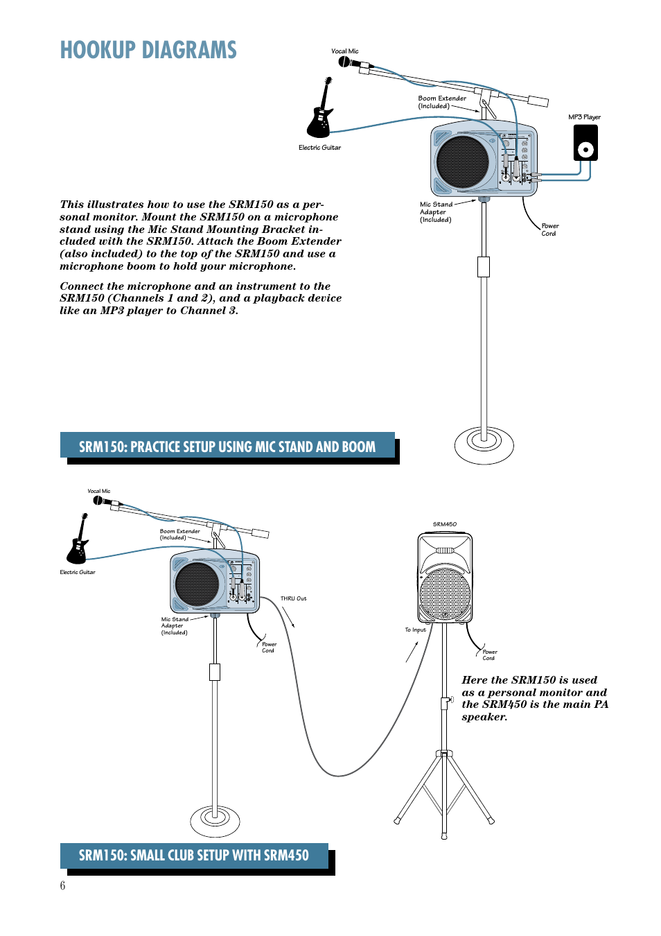 Hookup diagrams, Srm150: practice setup using mic stand and boom | MACKIE Srm150 User Manual | Page 6 / 20