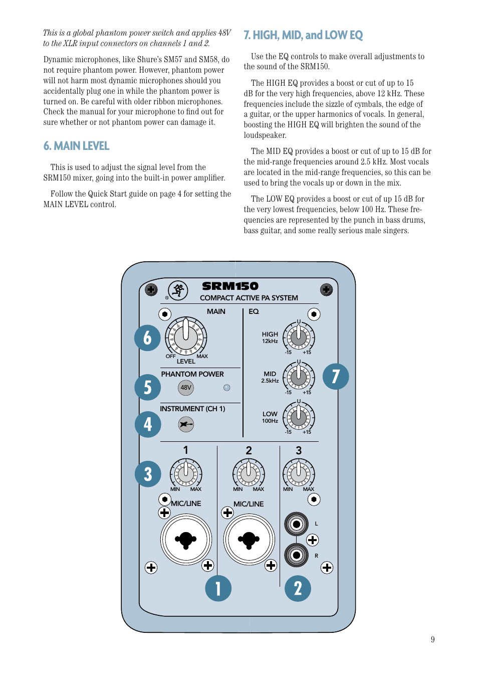 Main level, High, mid, and low eq, Main level 7. high, mid, and low eq | Srm150 | MACKIE Srm150 User Manual | Page 9 / 20