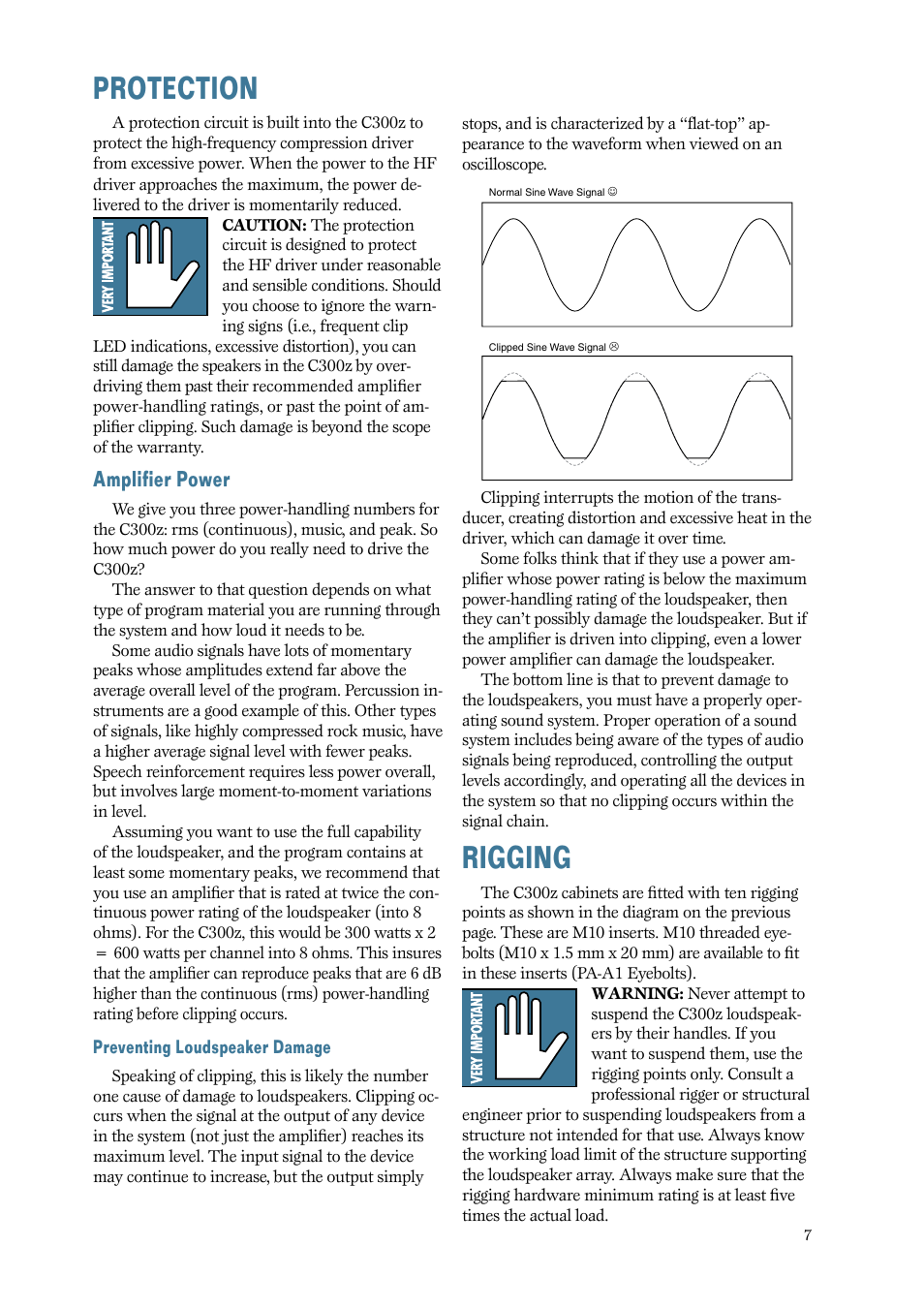 Protection, Rigging, Amplifier.power | MACKIE C300z User Manual | Page 7 / 12