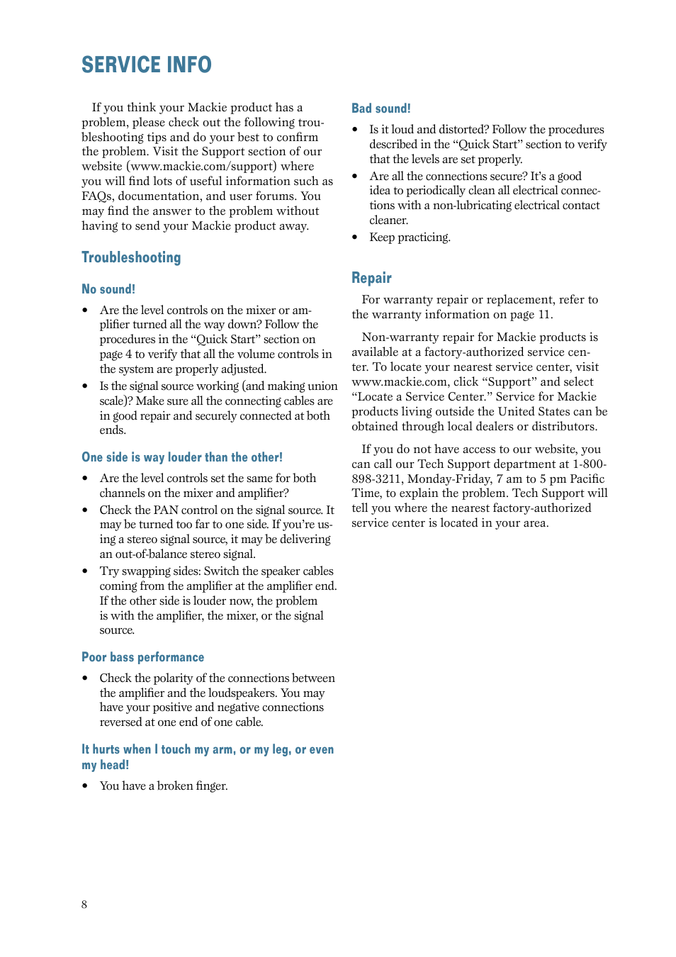 Service info, Troubleshooting, Repair | Service.info | MACKIE C300z User Manual | Page 8 / 12