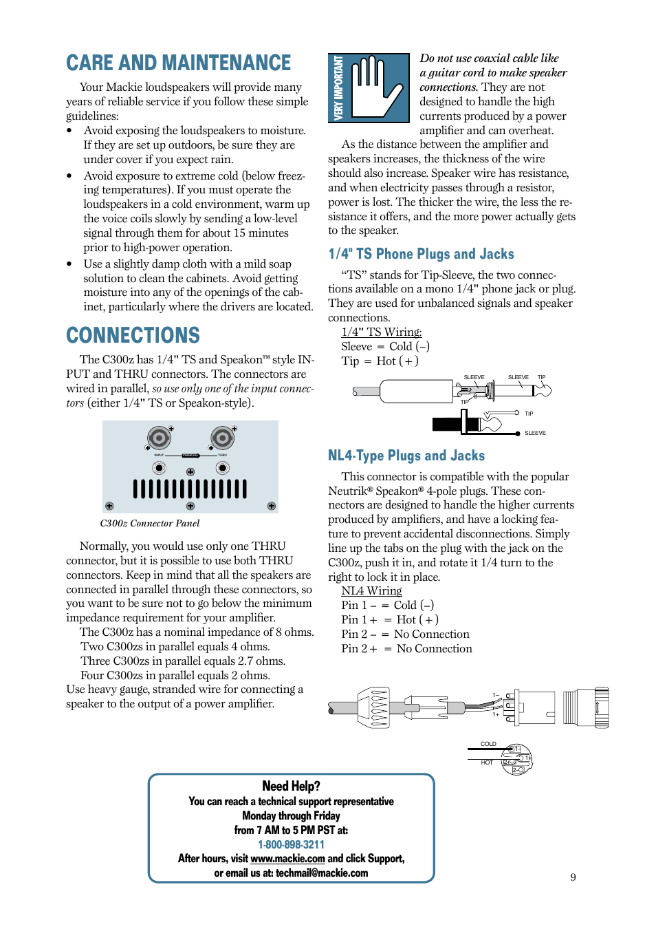 Care and maintenance, Connections, Care.and.maintenance | 1/4".ts.phone.plugs.and.jacks, Nl4-type.plugs.and.jacks, Need.help | MACKIE C300z User Manual | Page 9 / 12