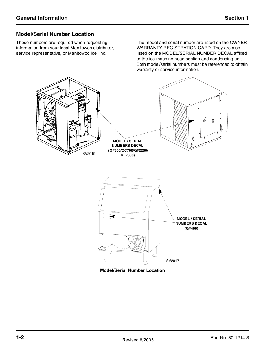 Model/serial number location | Manitowoc Ice FLAKE/CHIPLET QF0400 User Manual | Page 10 / 150