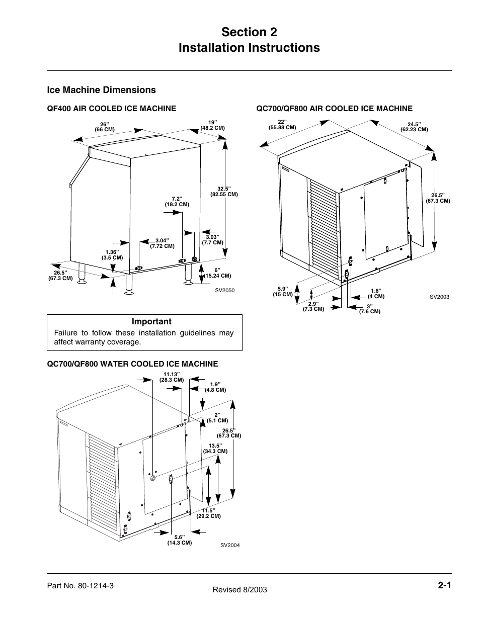 Flake_chiplet_section_2_sm, Ice machine dimensions, Important | Manitowoc Ice FLAKE/CHIPLET QF0400 User Manual | Page 13 / 150