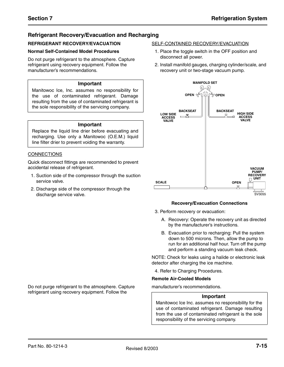 15 refrigerant recovery/evacuation and recharging | Manitowoc Ice FLAKE/CHIPLET QF0400 User Manual | Page 137 / 150