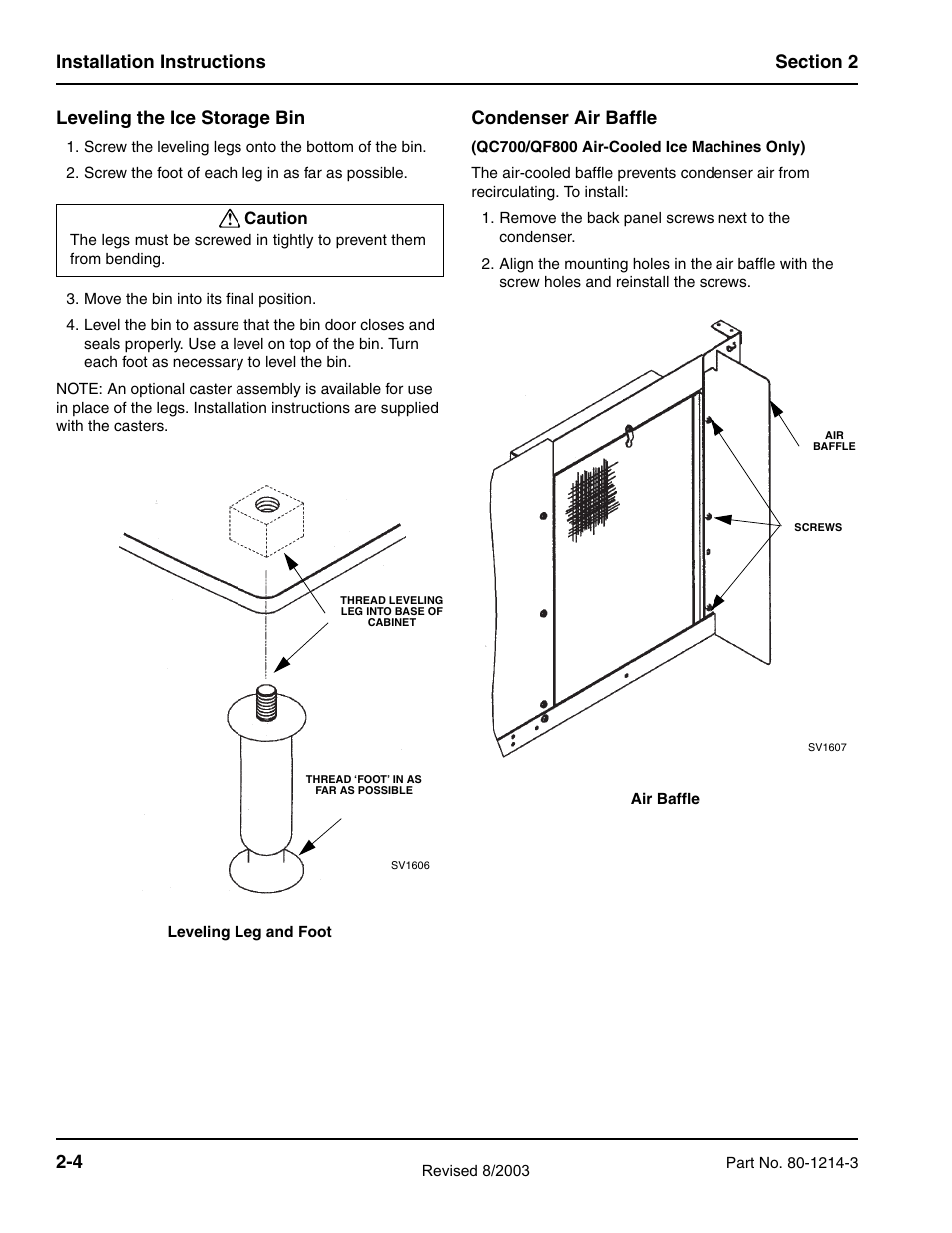 Leveling the ice storage bin, Condenser air baffle | Manitowoc Ice FLAKE/CHIPLET QF0400 User Manual | Page 16 / 150