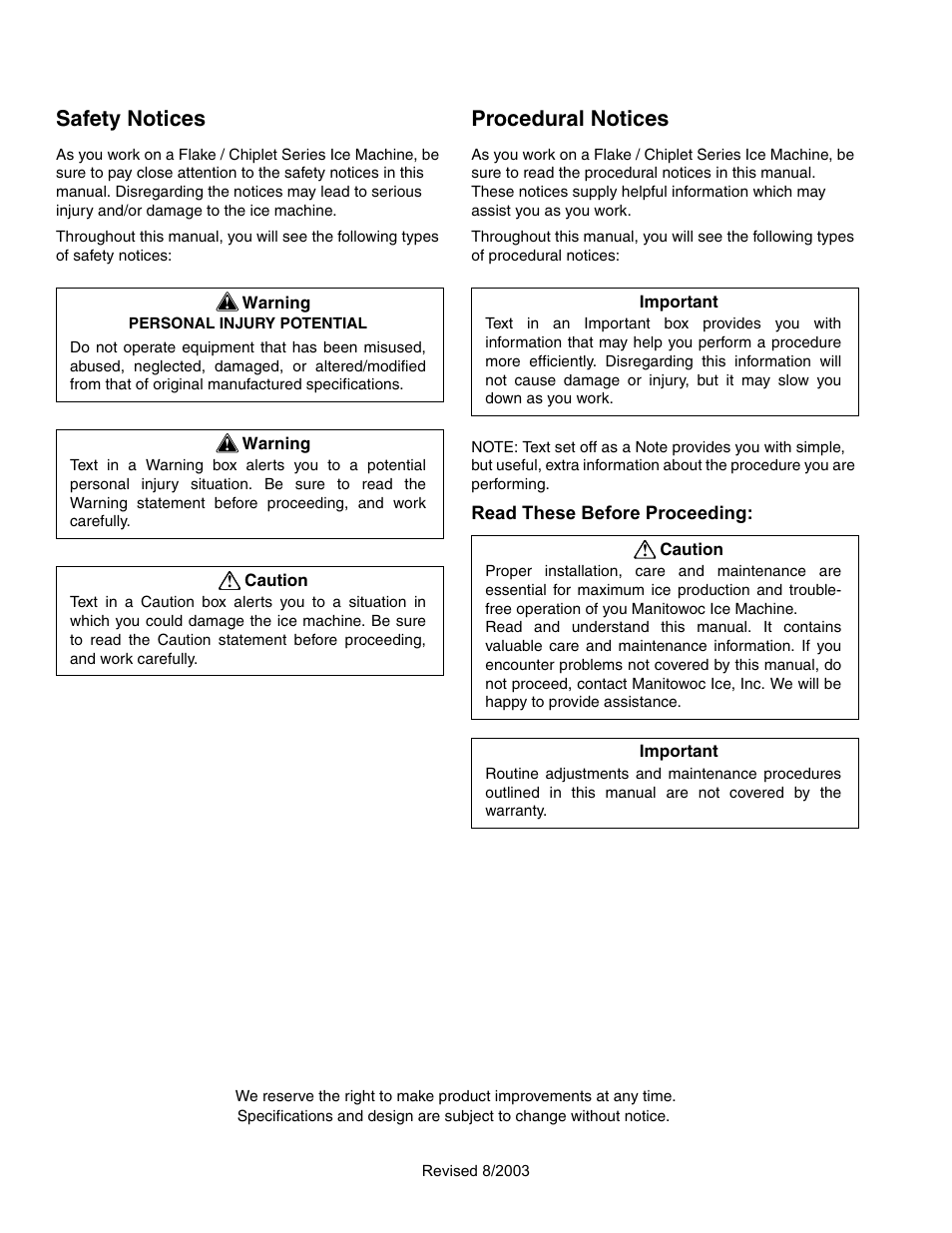 Safety notices, Procedural notices | Manitowoc Ice FLAKE/CHIPLET QF0400 User Manual | Page 2 / 150