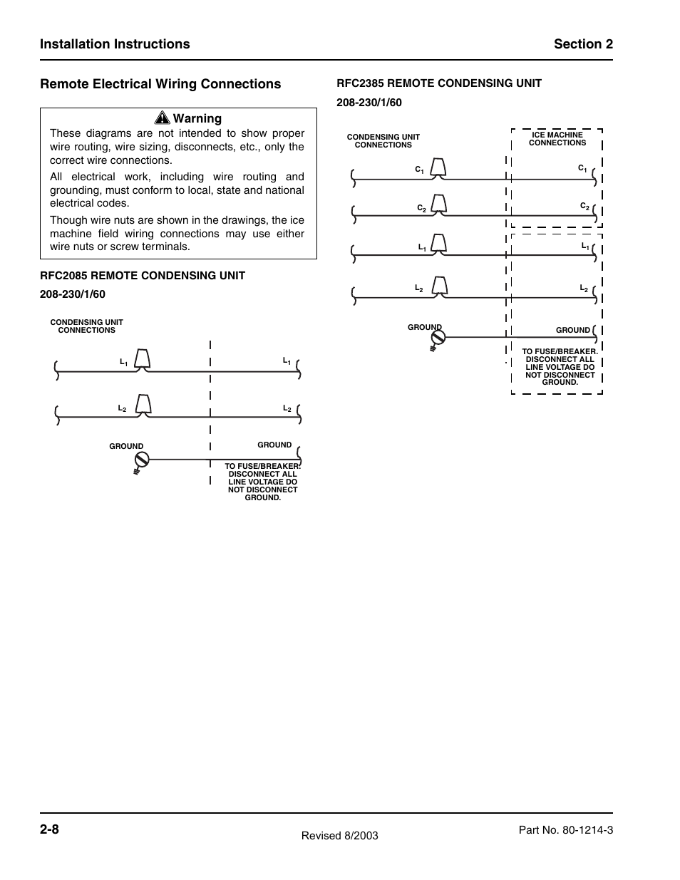 Remote electrical wiring connections, Warning | Manitowoc Ice FLAKE/CHIPLET QF0400 User Manual | Page 20 / 150