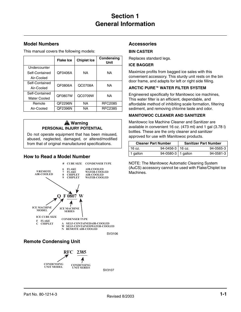 Flake_chiplet_section_1_sm, Model numbers, Q f 0807 w | Rfc 2385, Warning | Manitowoc Ice FLAKE/CHIPLET QF0400 User Manual | Page 9 / 150