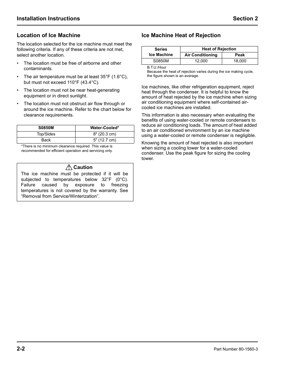 Location of ice machine, Ice machine heat of rejection | Manitowoc Ice S0850M User Manual | Page 10 / 38