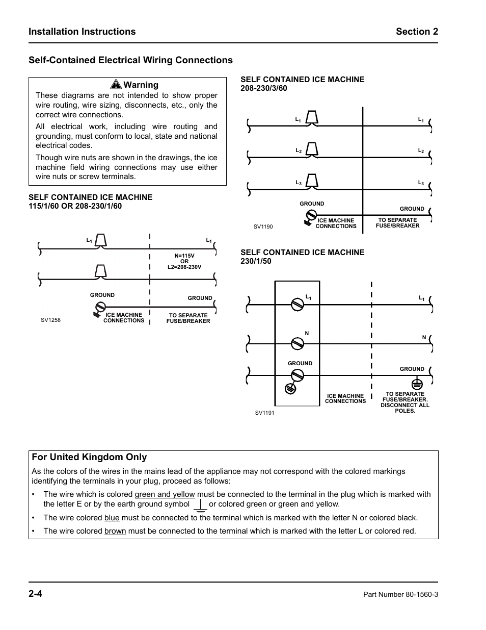 Self-contained electrical wiring connections, For united kingdom only, Warning | Manitowoc Ice S0850M User Manual | Page 12 / 38