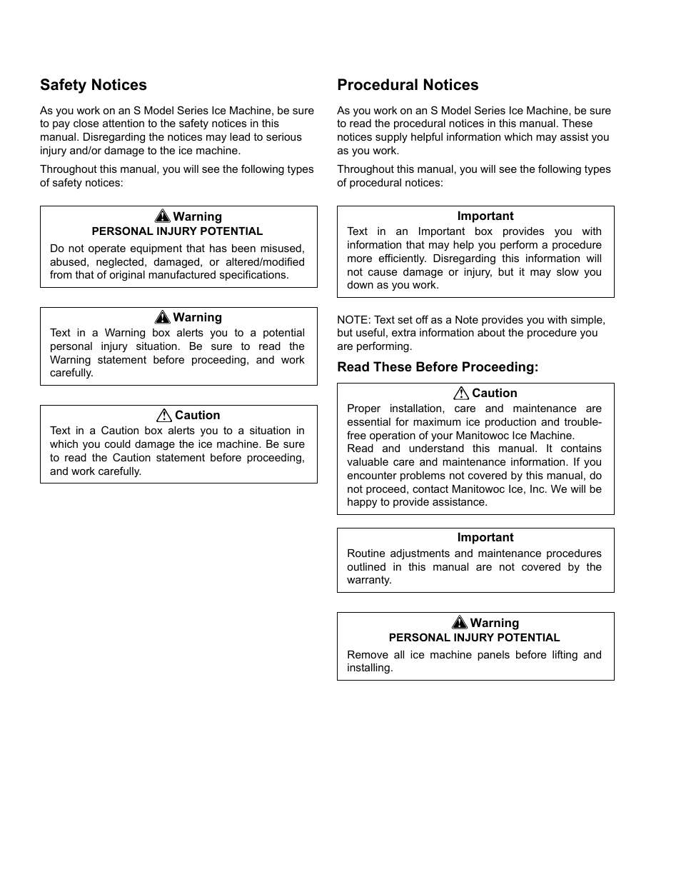 Safety notices, Procedural notices | Manitowoc Ice S0850M User Manual | Page 2 / 38