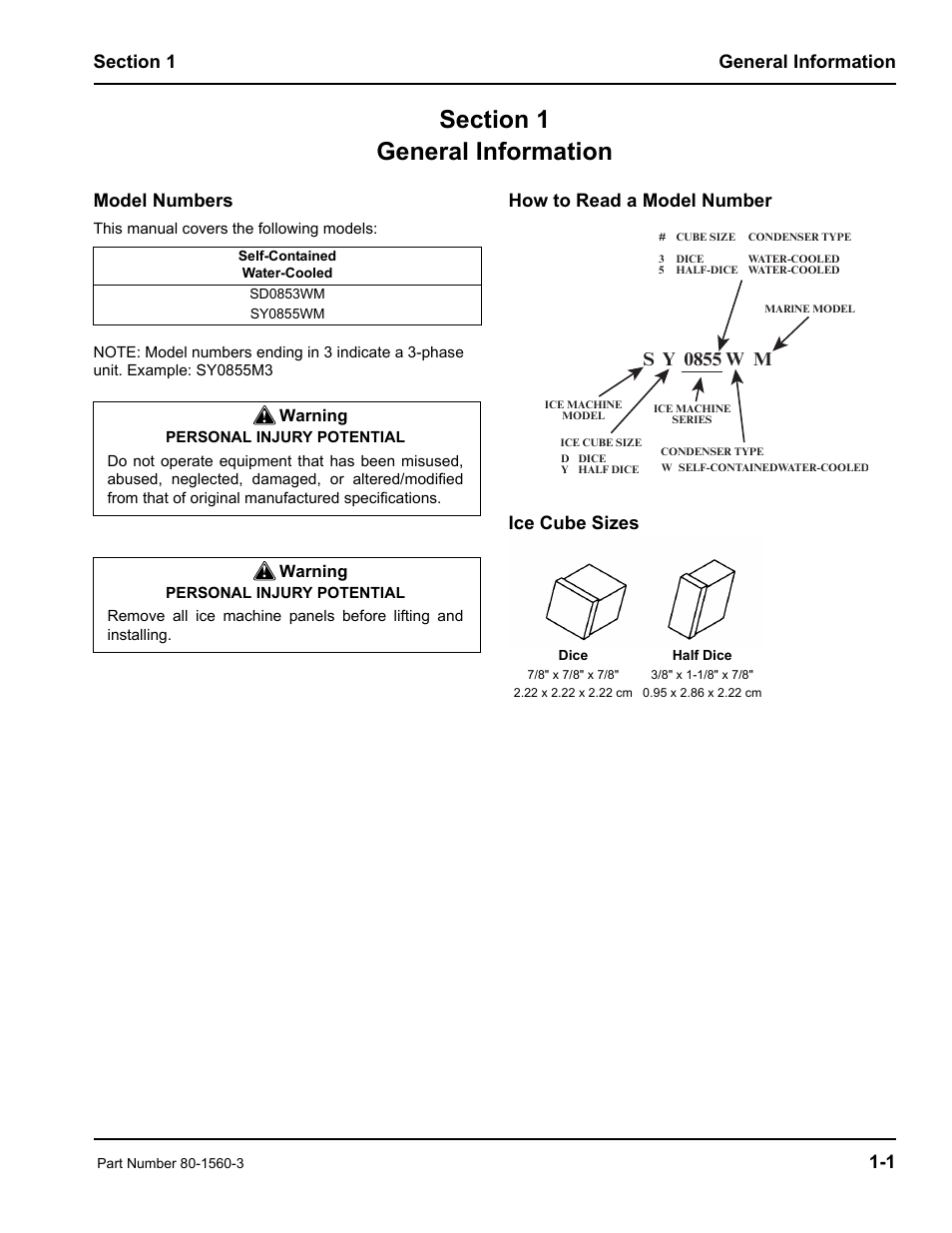 Model numbers, How to read a model number ice cube sizes, S y 0855 w m | Manitowoc Ice S0850M User Manual | Page 5 / 38