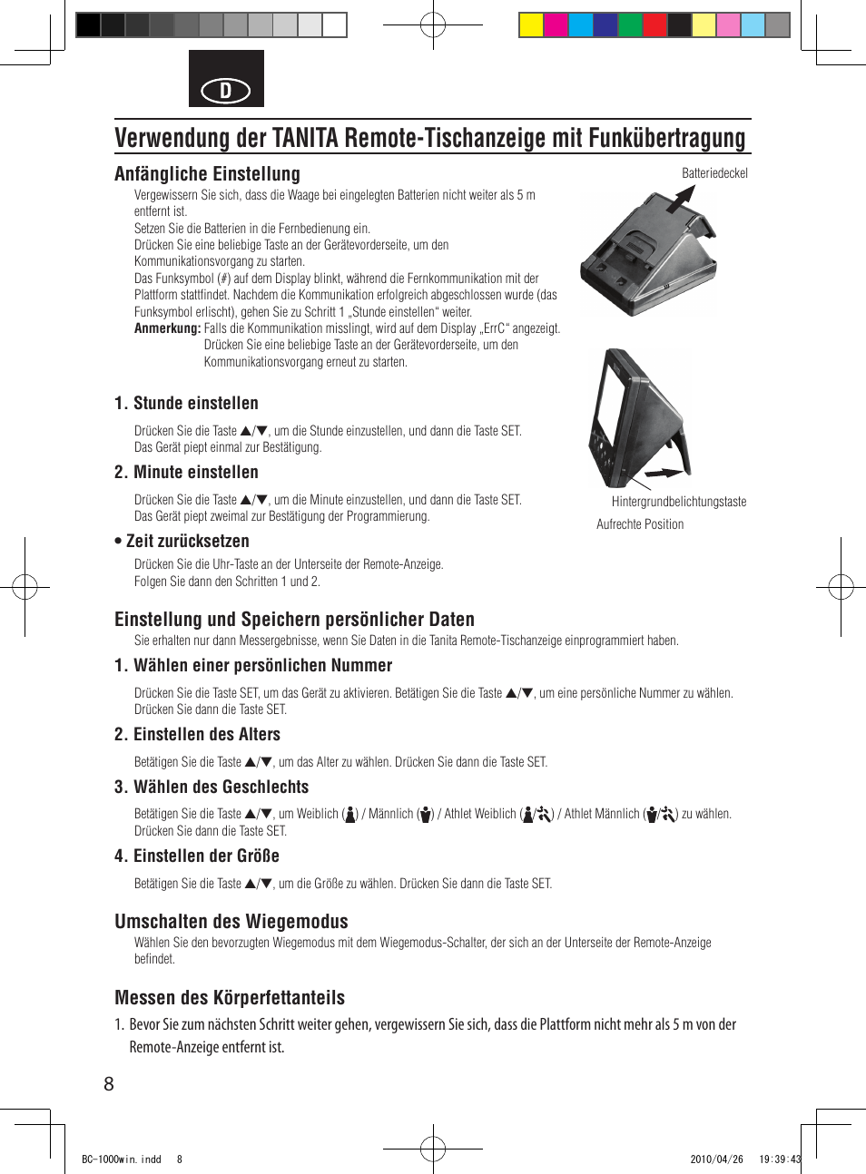 Anfängliche einstellung, Einstellung und speichern persönlicher daten, Umschalten des wiegemodus | Messen des körperfettanteils | Garmin Tanita User Manual | Page 10 / 37