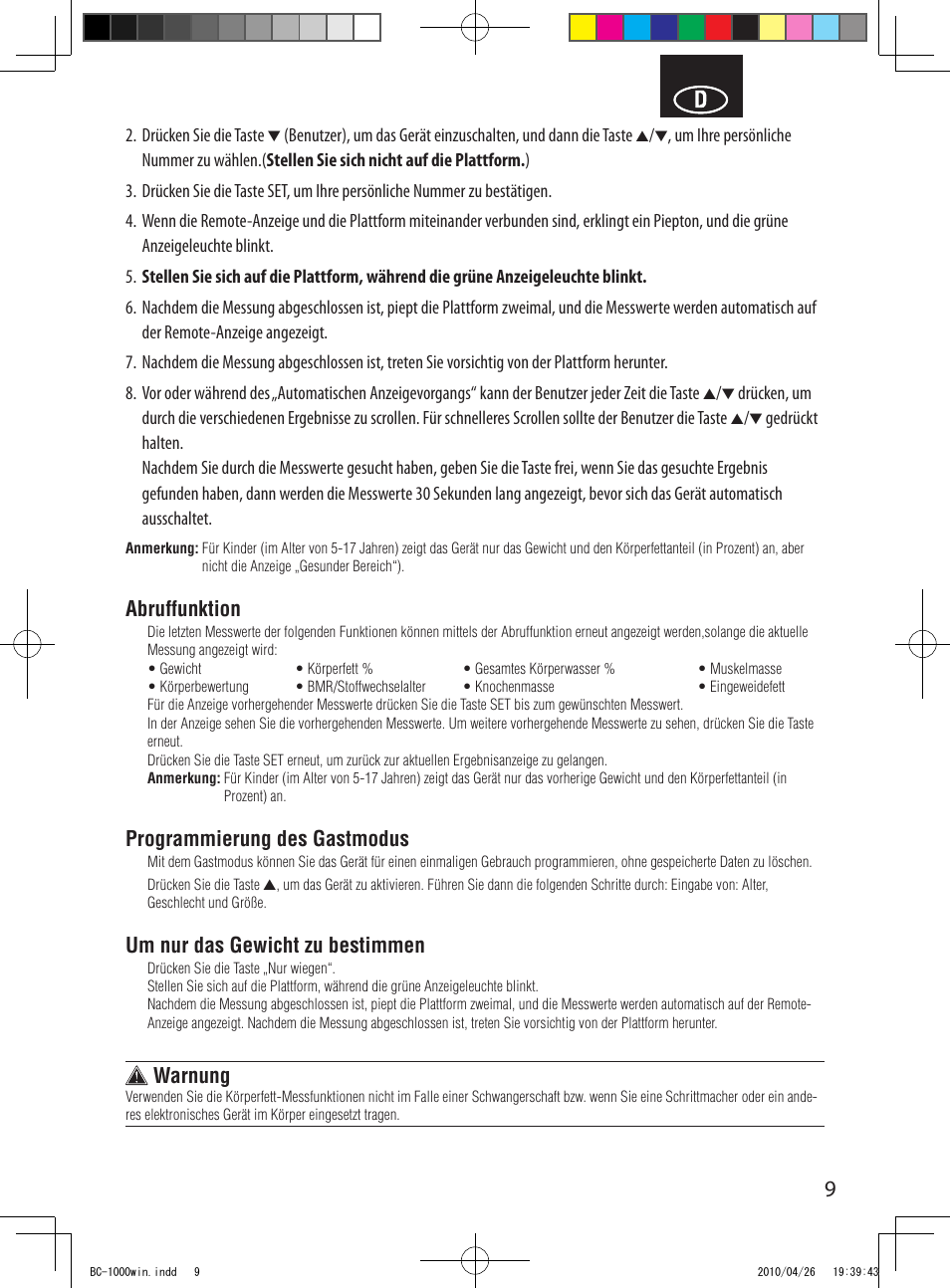 Abruffunktion, Programmierung des gastmodus, Um nur das gewicht zu bestimmen | Warnung | Garmin Tanita User Manual | Page 11 / 37