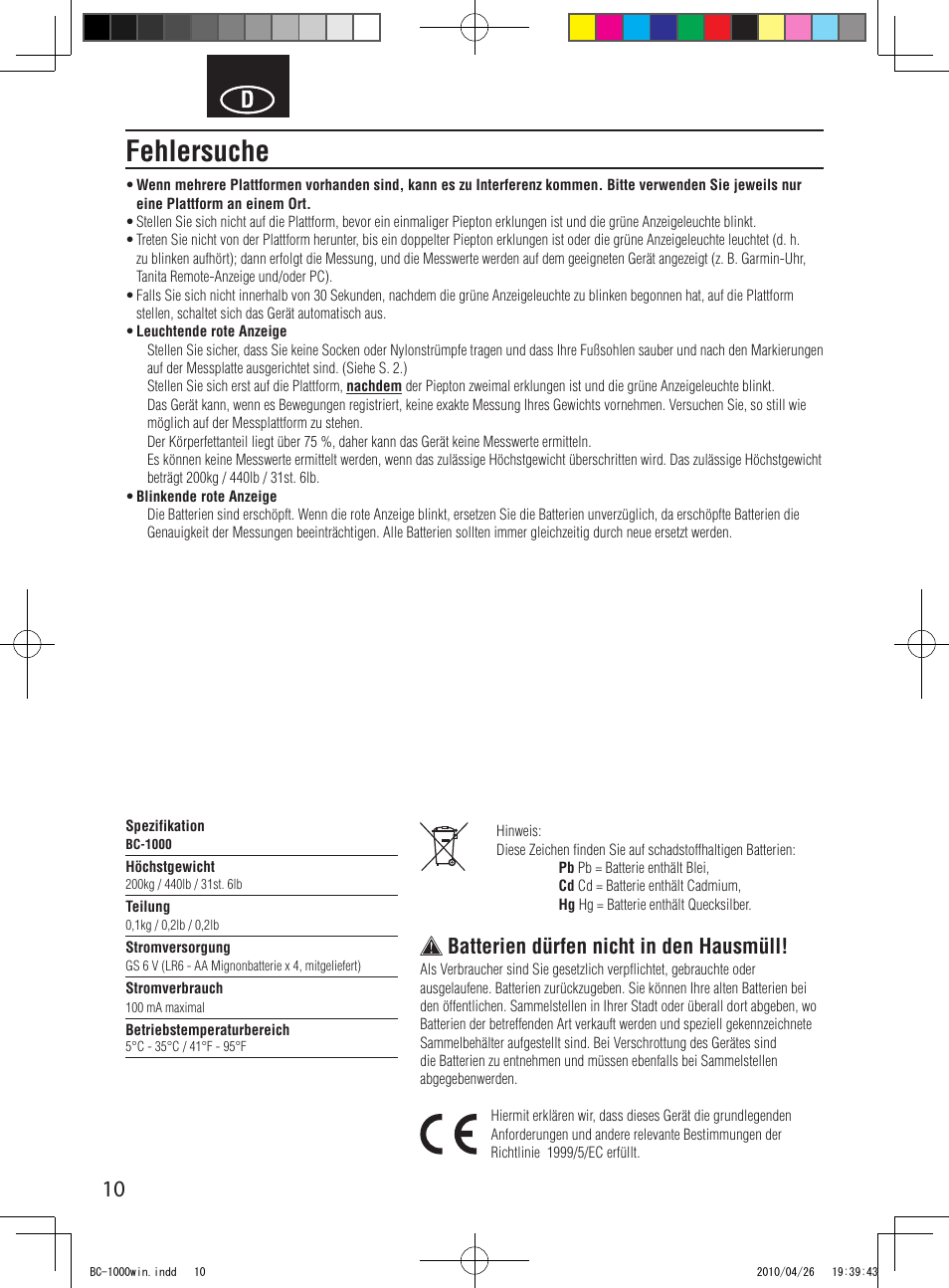 Fehlersuche, Batterien dürfen nicht in den hausmüll | Garmin Tanita User Manual | Page 12 / 37