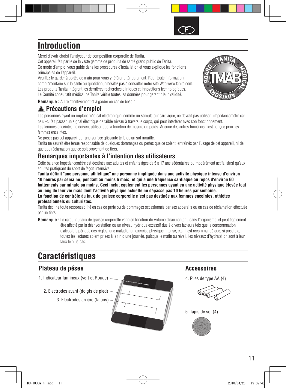 Introduction, Caractéristiques, Précautions d’emploi | Plateau de pésee accessoires | Garmin Tanita User Manual | Page 13 / 37