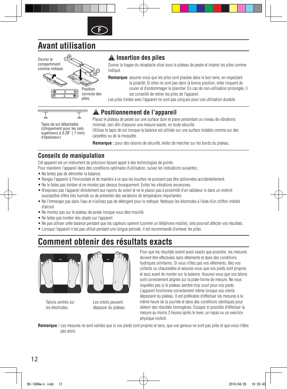 Avant utilisation, Comment obtenir des résultats exacts, Insertion des piles | Positionnement de l’appareil, Conseils de manipulation | Garmin Tanita User Manual | Page 14 / 37