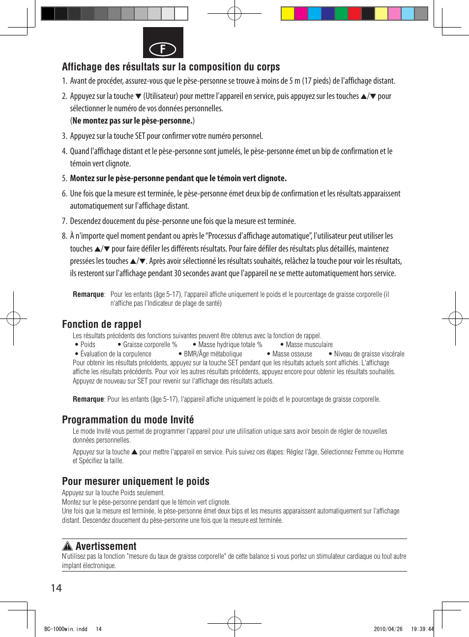 Fonction de rappel, Programmation du mode invité, Pour mesurer uniquement le poids | Avertissement | Garmin Tanita User Manual | Page 16 / 37