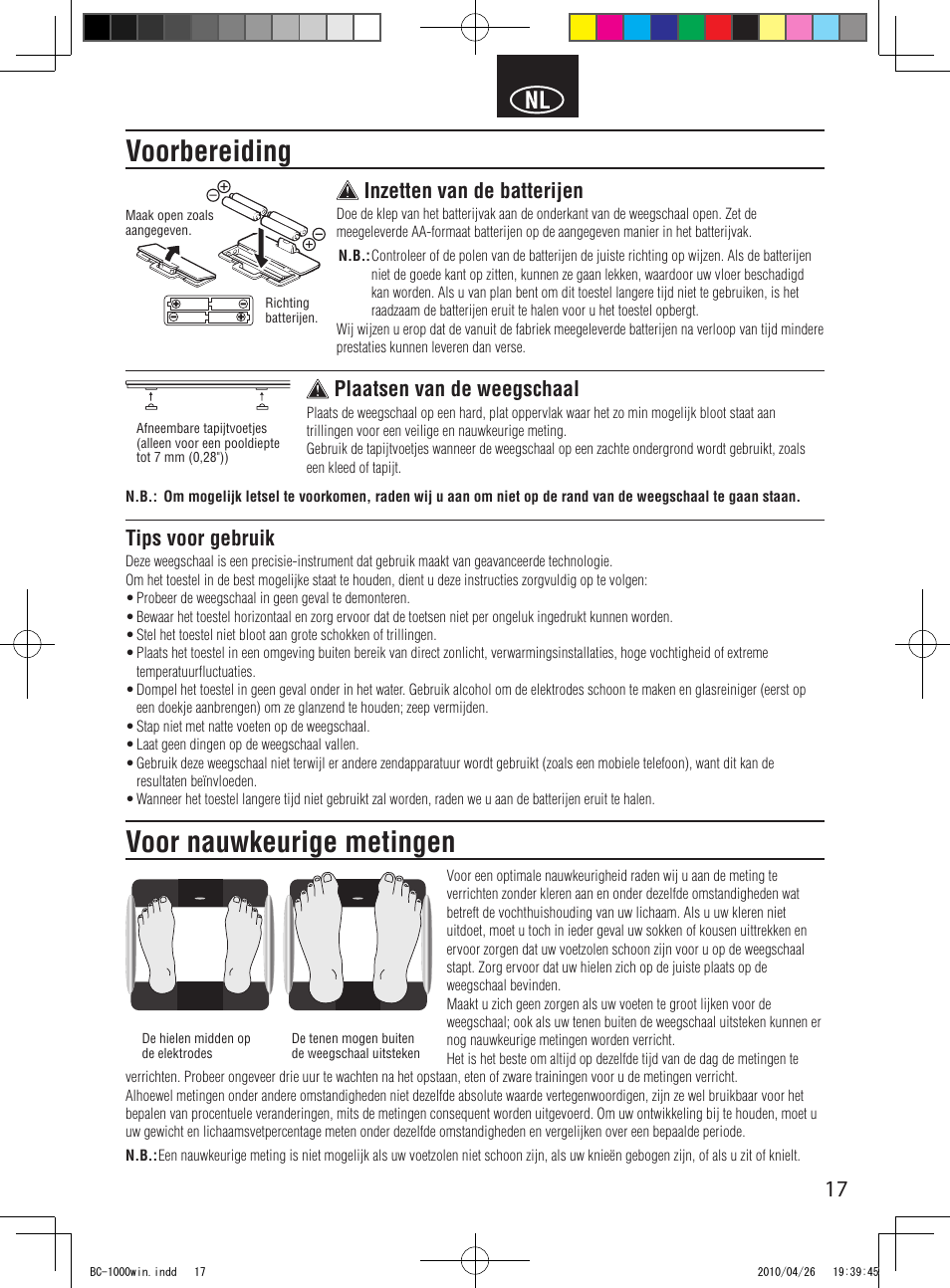 Voorbereiding, Voor nauwkeurige metingen, Inzetten van de batterijen | Plaatsen van de weegschaal, Tips voor gebruik | Garmin Tanita User Manual | Page 19 / 37