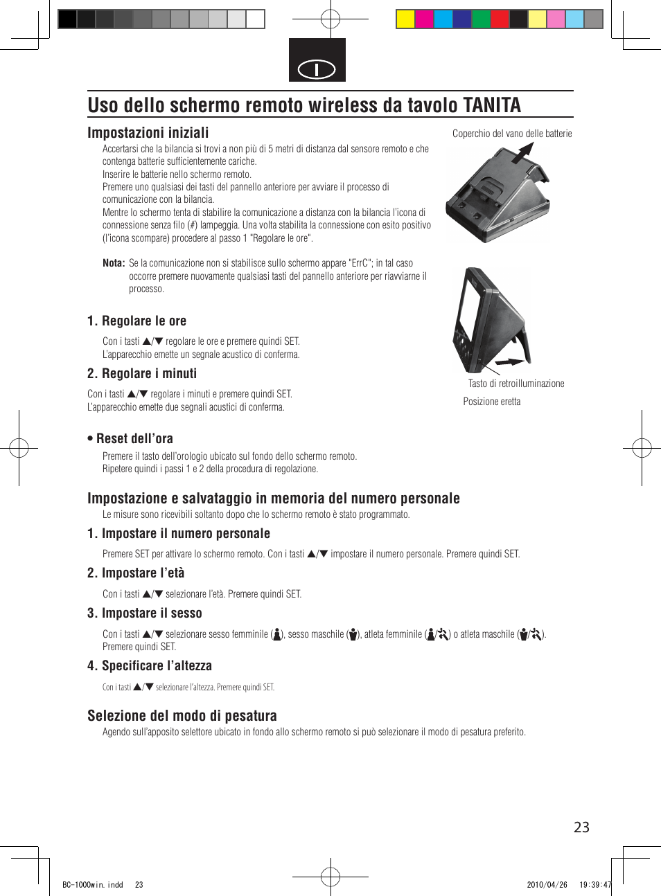 Uso dello schermo remoto wireless da tavolo tanita, Impostazioni iniziali, Selezione del modo di pesatura | Garmin Tanita User Manual | Page 25 / 37