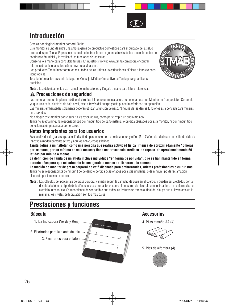 Introducción, Prestaciones y funciones, Precauciones de seguridad | Notas importantes para los usuarios, Báscula accesorios | Garmin Tanita User Manual | Page 28 / 37