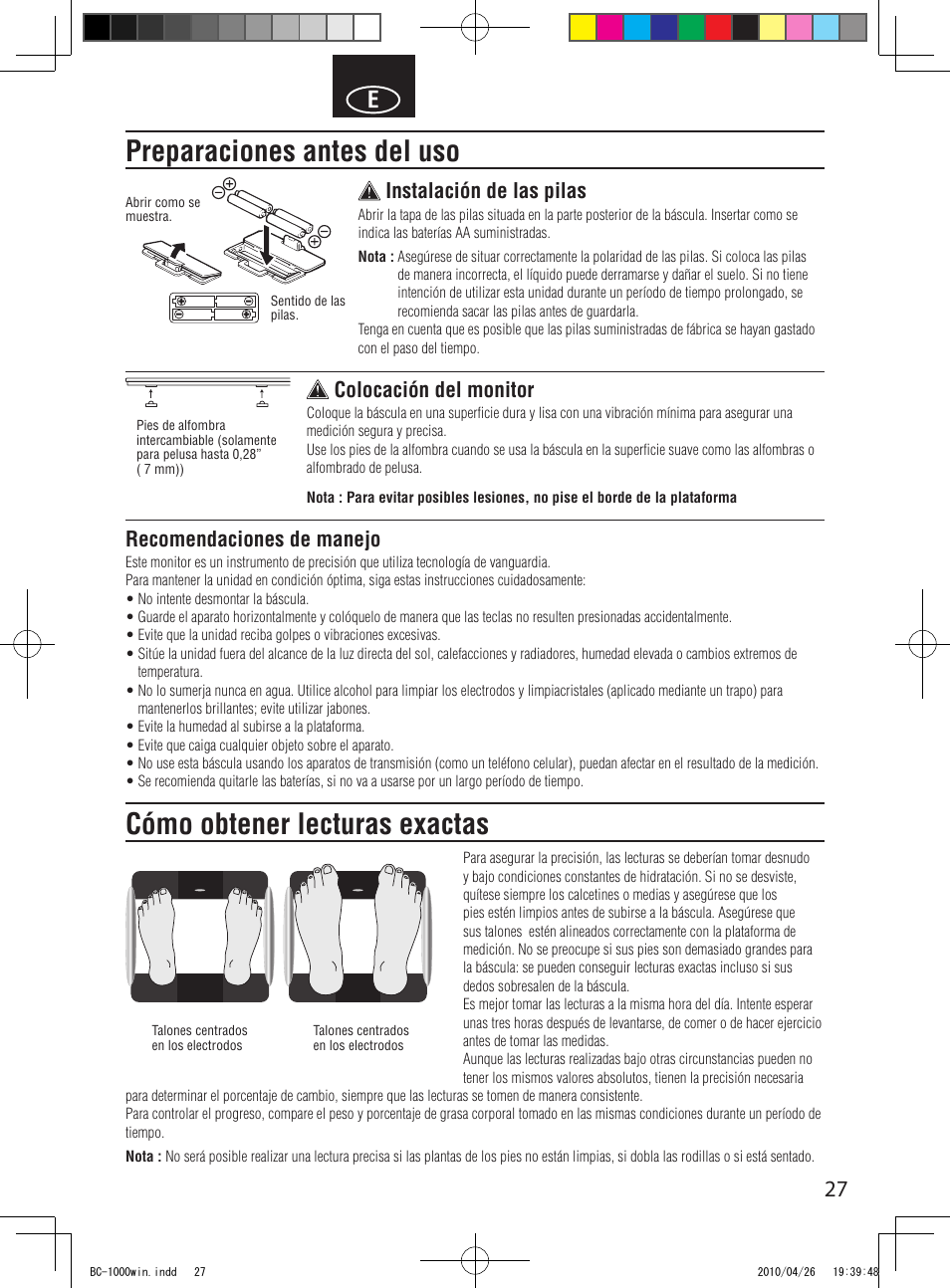 Preparaciones antes del uso, Cómo obtener lecturas exactas, Instalación de las pilas | Colocación del monitor, Recomendaciones de manejo | Garmin Tanita User Manual | Page 29 / 37