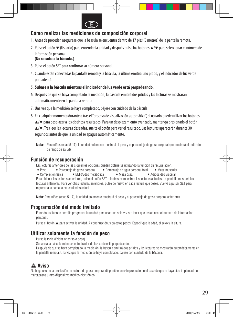 Función de recuperación, Programación del modo invitado, Utilizar solamente la función de peso | Aviso | Garmin Tanita User Manual | Page 31 / 37