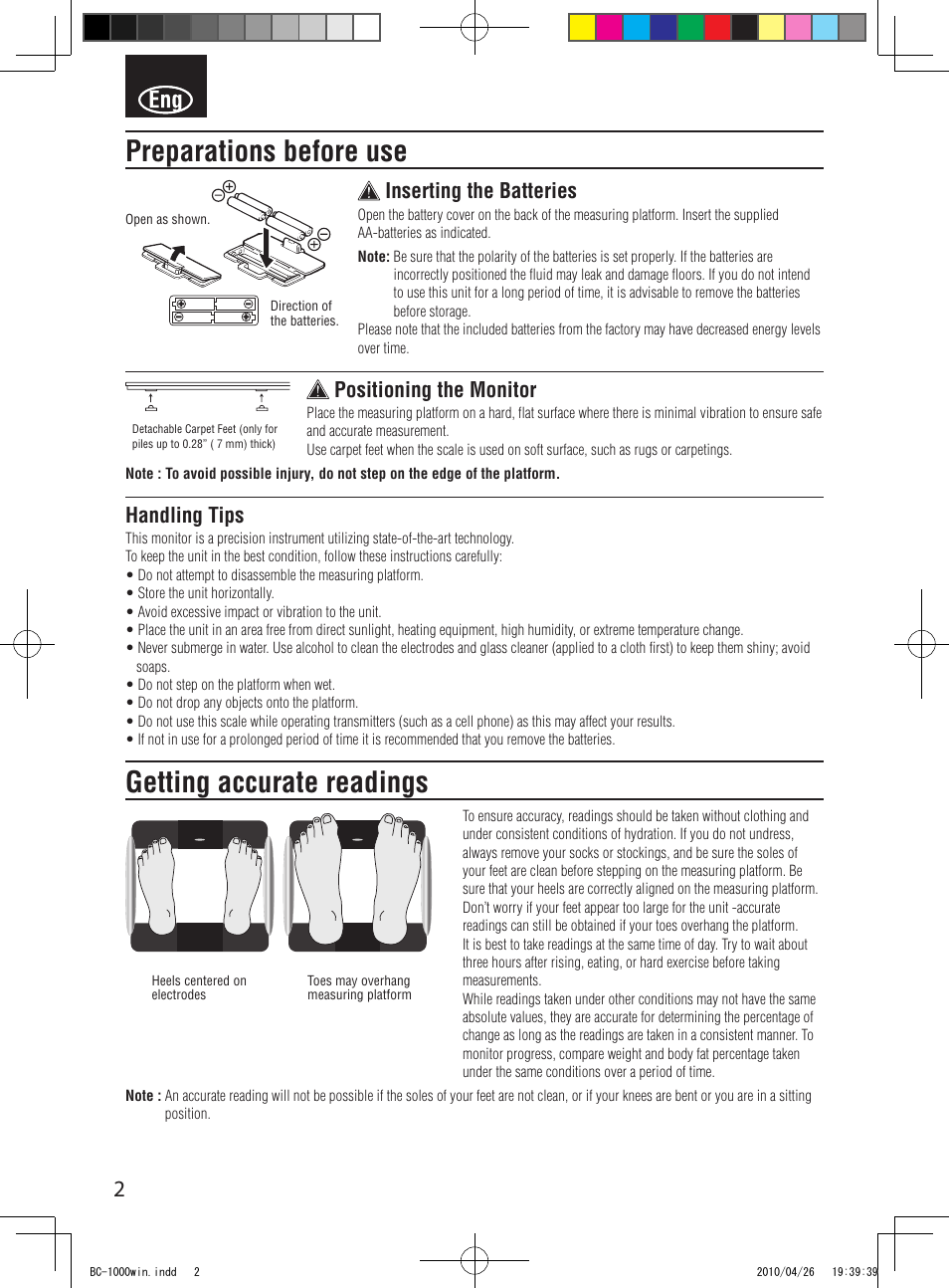 Preparations before use, Getting accurate readings, Inserting the batteries | Positioning the monitor, Handling tips | Garmin Tanita User Manual | Page 4 / 37