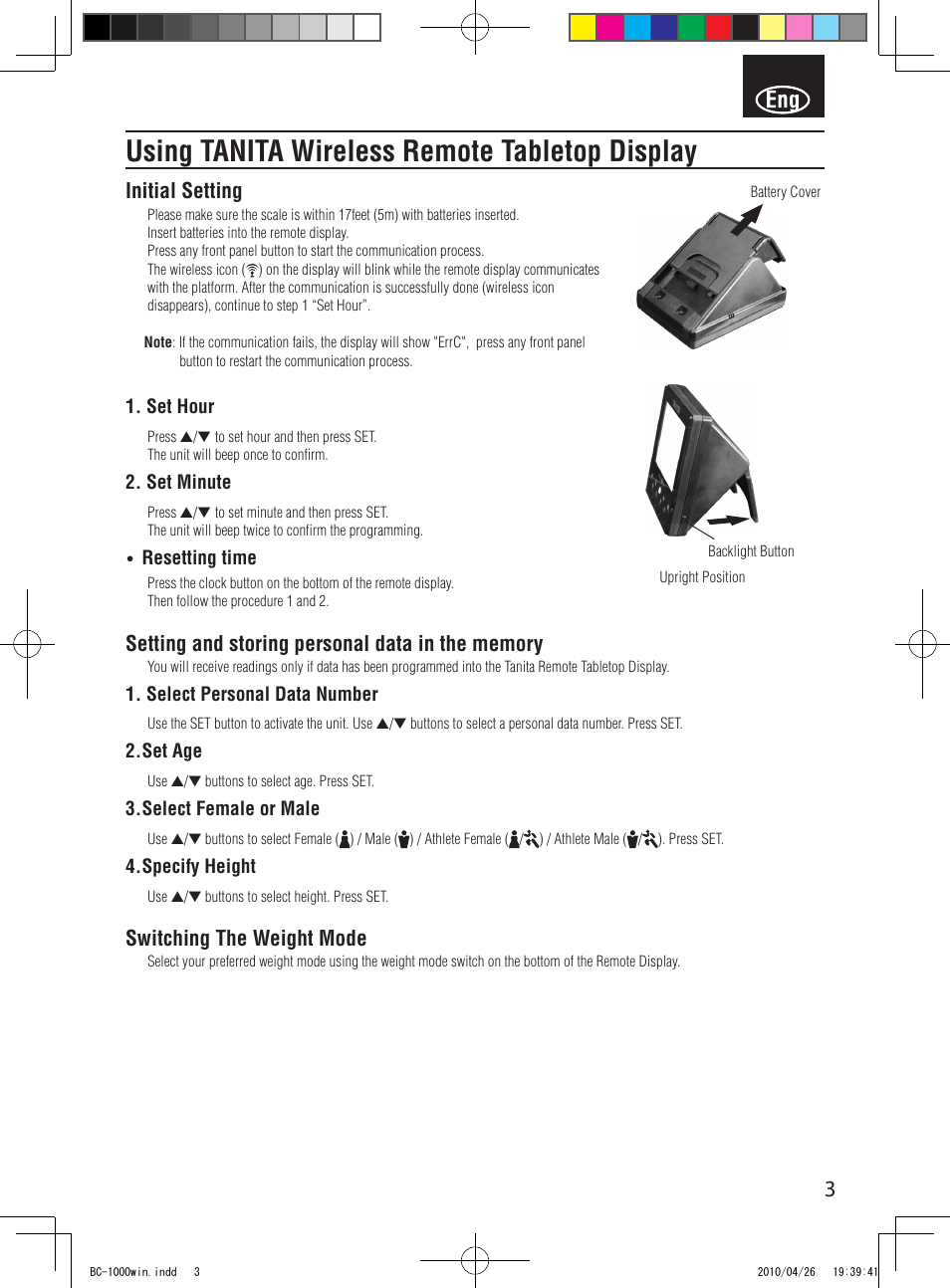 Using tanita wireless remote tabletop display, Initial setting, Switching the weight mode | Garmin Tanita User Manual | Page 5 / 37