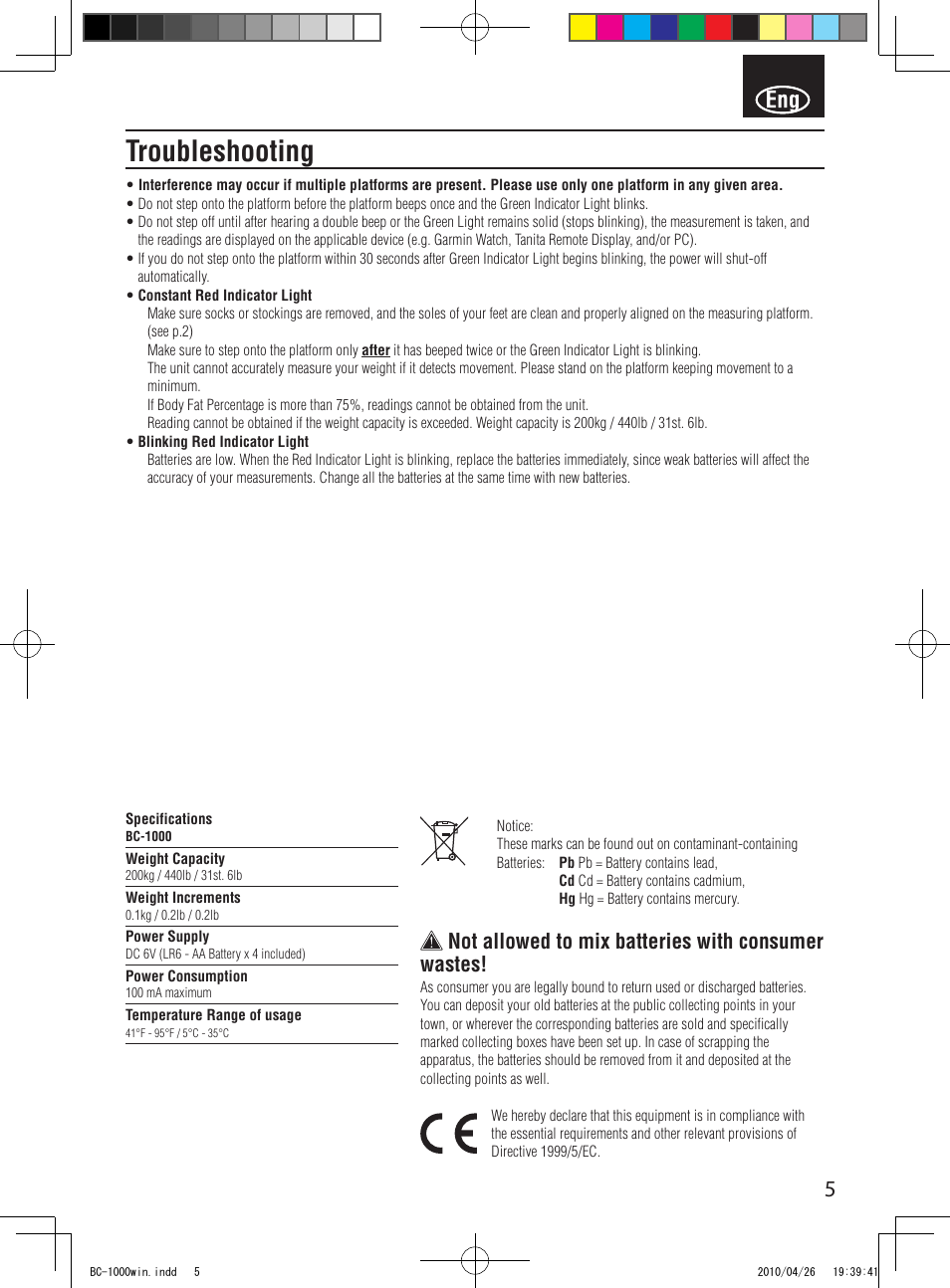 Troubleshooting, Not allowed to mix batteries with consumer wastes | Garmin Tanita User Manual | Page 7 / 37