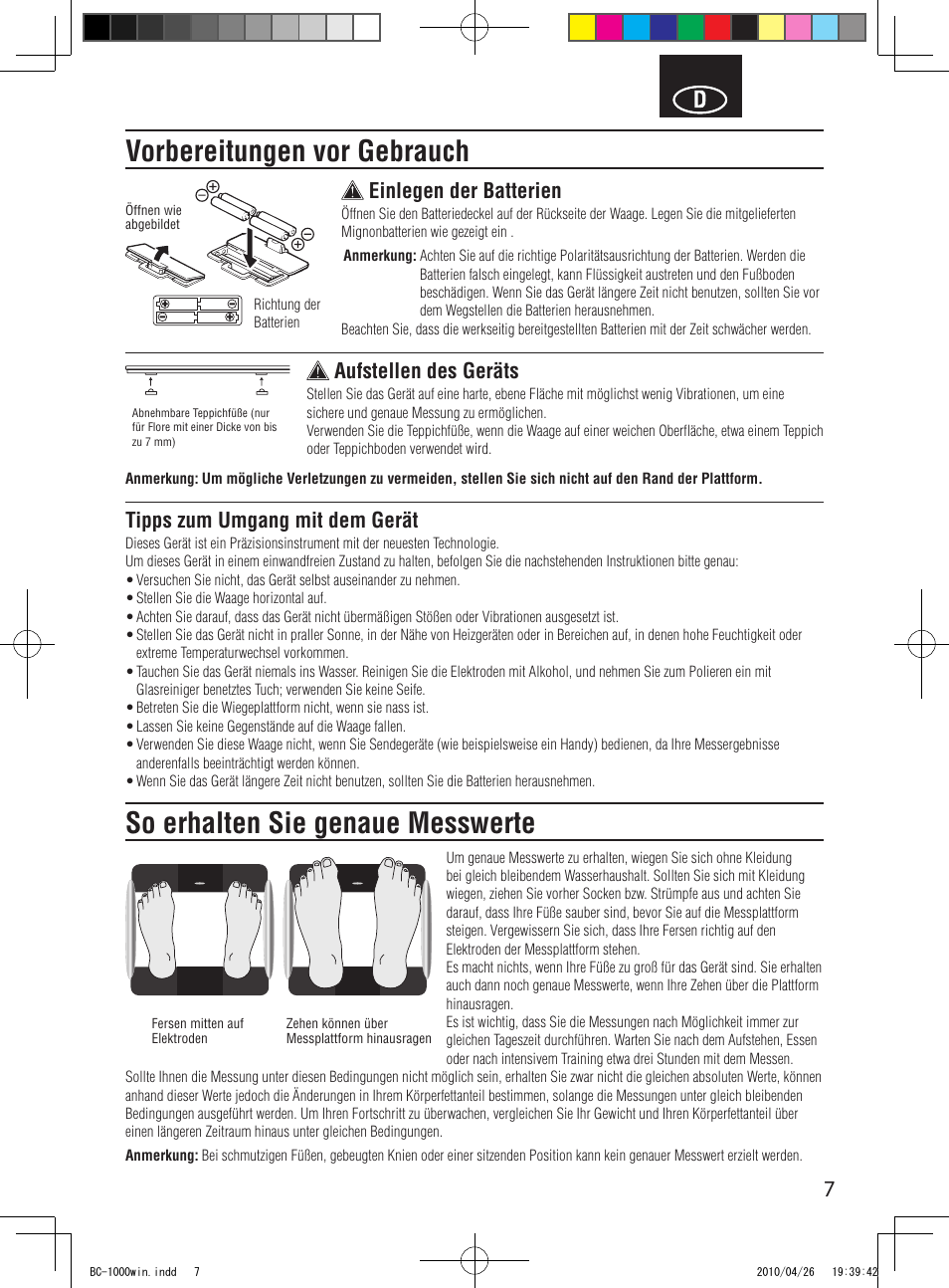 Vorbereitungen vor gebrauch, So erhalten sie genaue messwerte, Einlegen der batterien | Aufstellen des geräts, Tipps zum umgang mit dem gerät | Garmin Tanita User Manual | Page 9 / 37