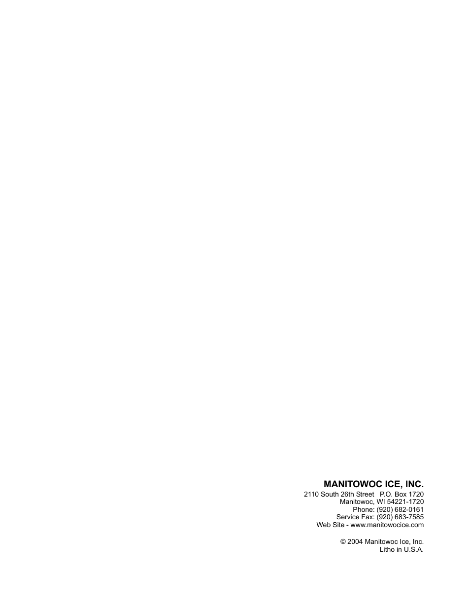 Manitowoc ice, inc | Manitowoc Ice S1400M User Manual | Page 38 / 38