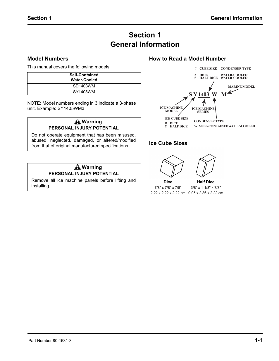 Model numbers, How to read a model number ice cube sizes, S y 1403 w m | Manitowoc Ice S1400M User Manual | Page 5 / 38