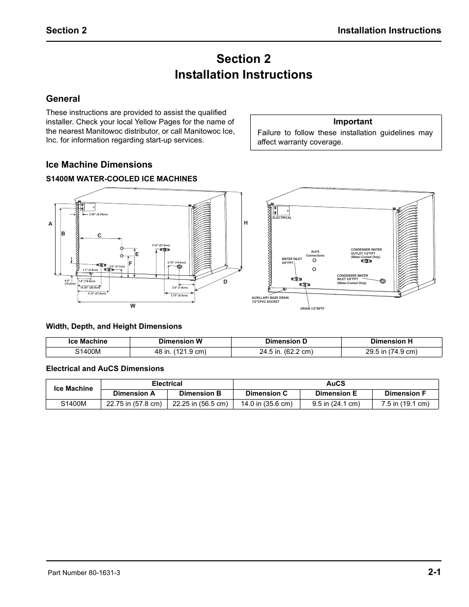 General, Ice machine dimensions, Important | Manitowoc Ice S1400M User Manual | Page 9 / 38