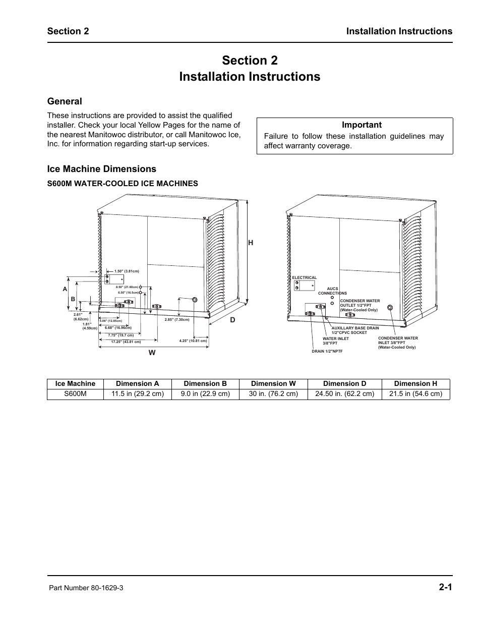 General, Ice machine dimensions, Important | Manitowoc Ice S600M User Manual | Page 9 / 40