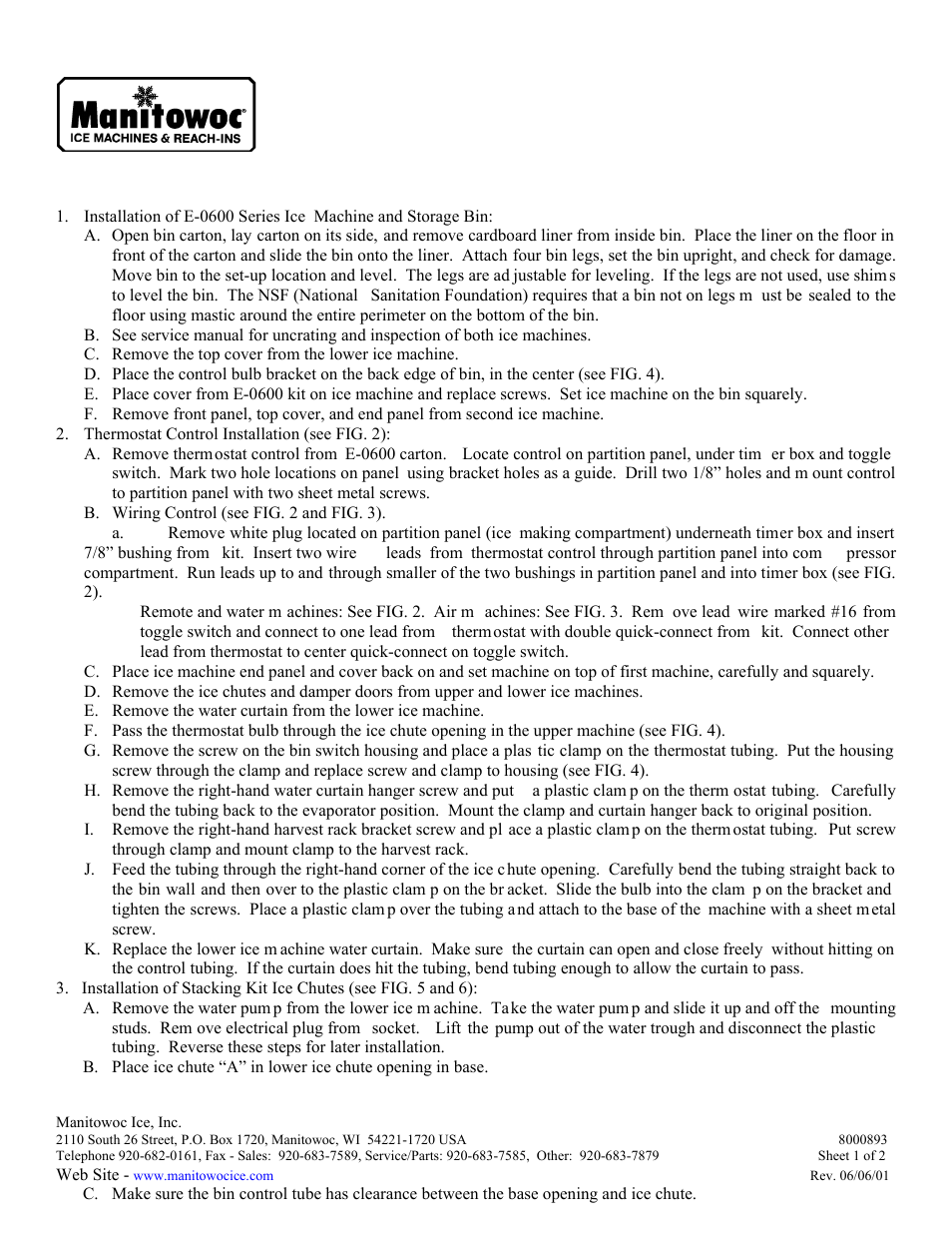 Manitowoc Ice E-0600 User Manual | 2 pages