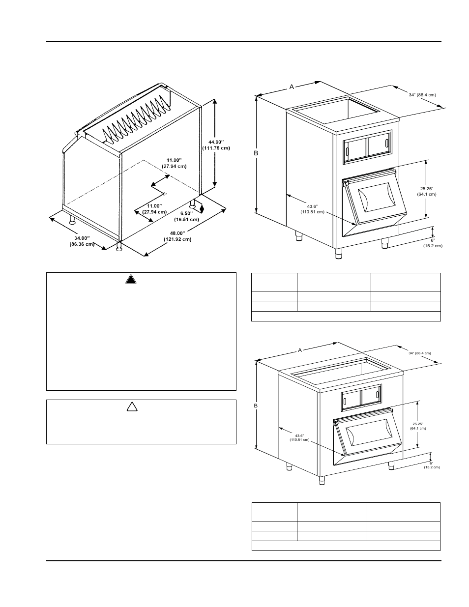 3 ice storage bin dimensions, Large capacity ice storage bin dimensions, Warning | Caution | Manitowoc Ice Q User Manual | Page 13 / 52