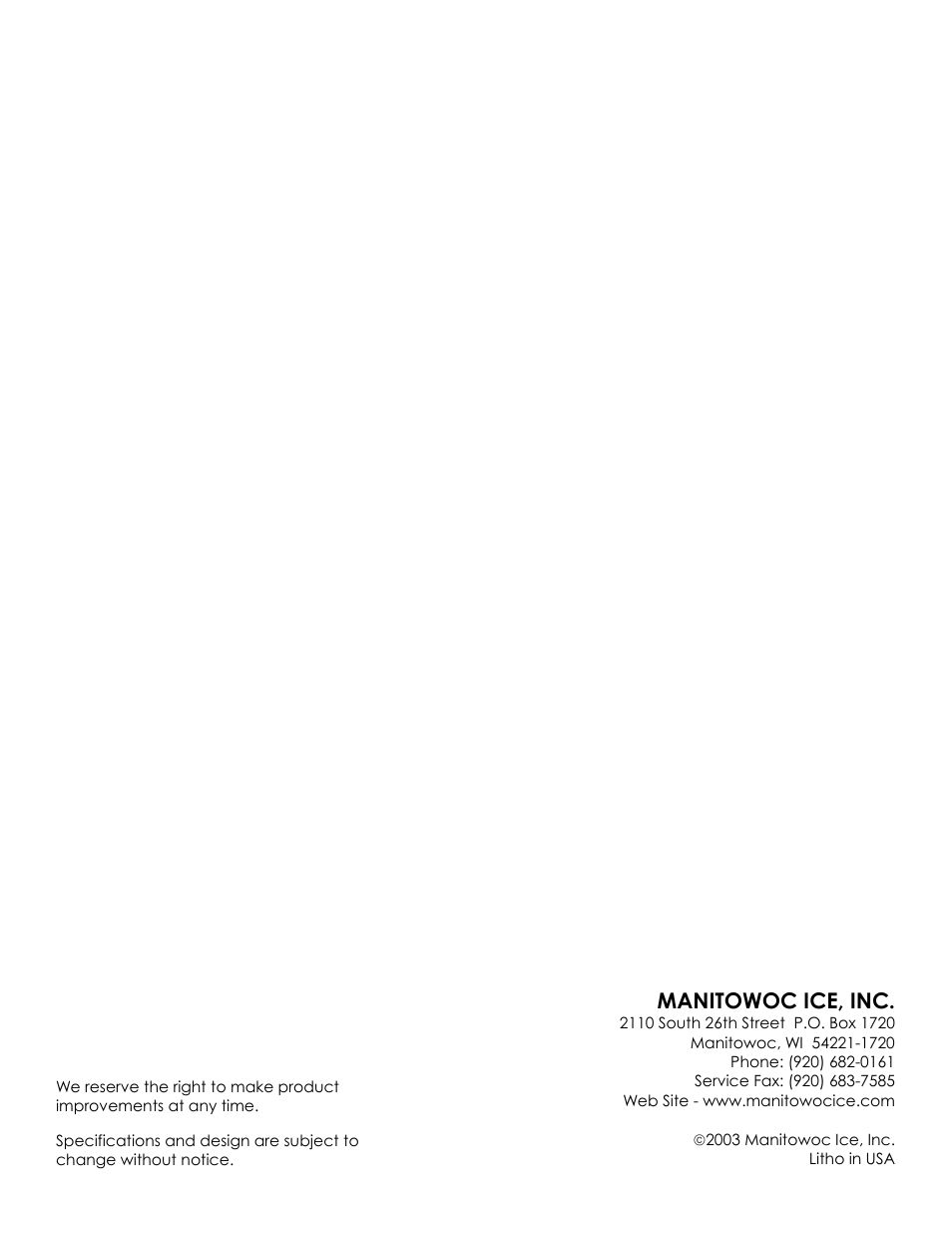 Manitowoc ice, inc | Manitowoc Ice Q300 User Manual | Page 45 / 45