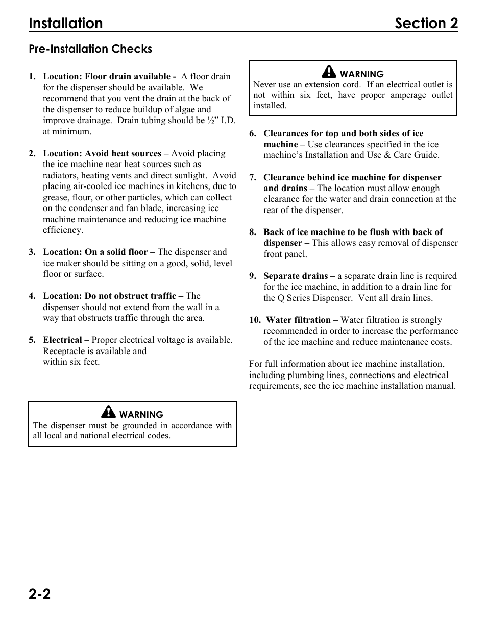 Pre-installation checks | Manitowoc Ice Q290 User Manual | Page 14 / 34