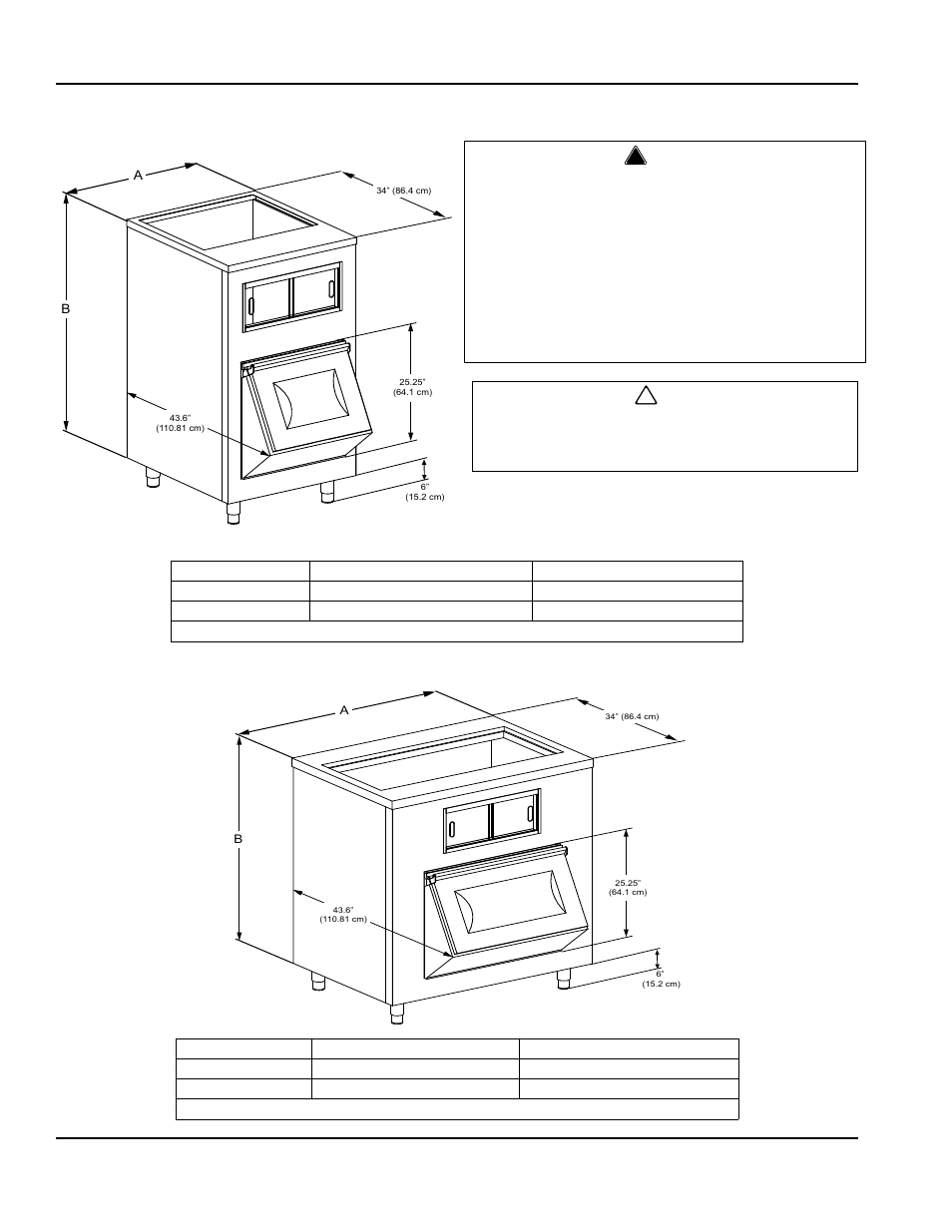 Large capacity ice storage bin dimensions, Warning, Caution | Manitowoc Ice Chiplet QC0700 User Manual | Page 14 / 60