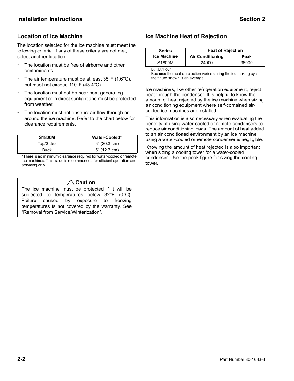 Location of ice machine, Ice machine heat of rejection | Manitowoc Ice S1800M User Manual | Page 10 / 38