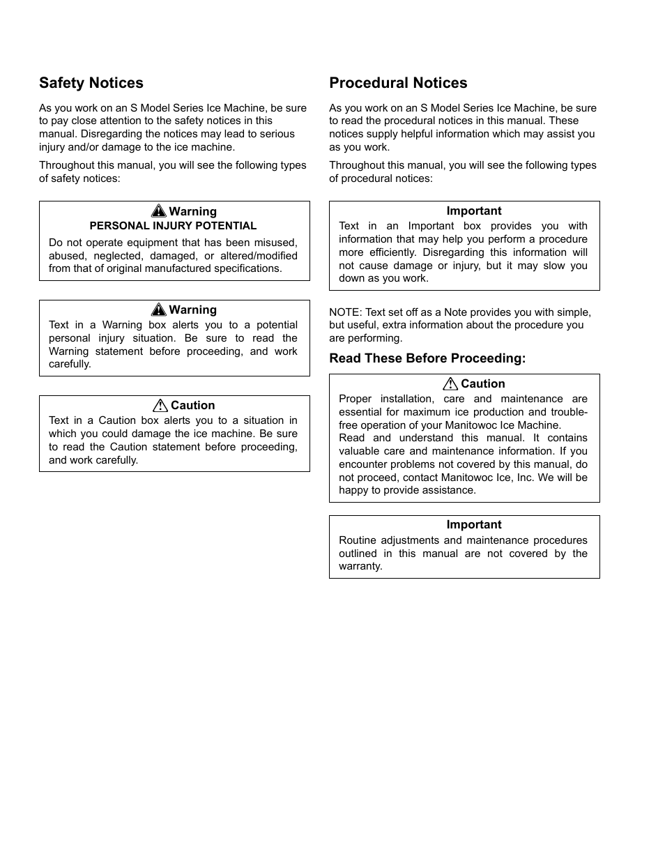 Safety notices, Procedural notices | Manitowoc Ice S1800M User Manual | Page 2 / 38