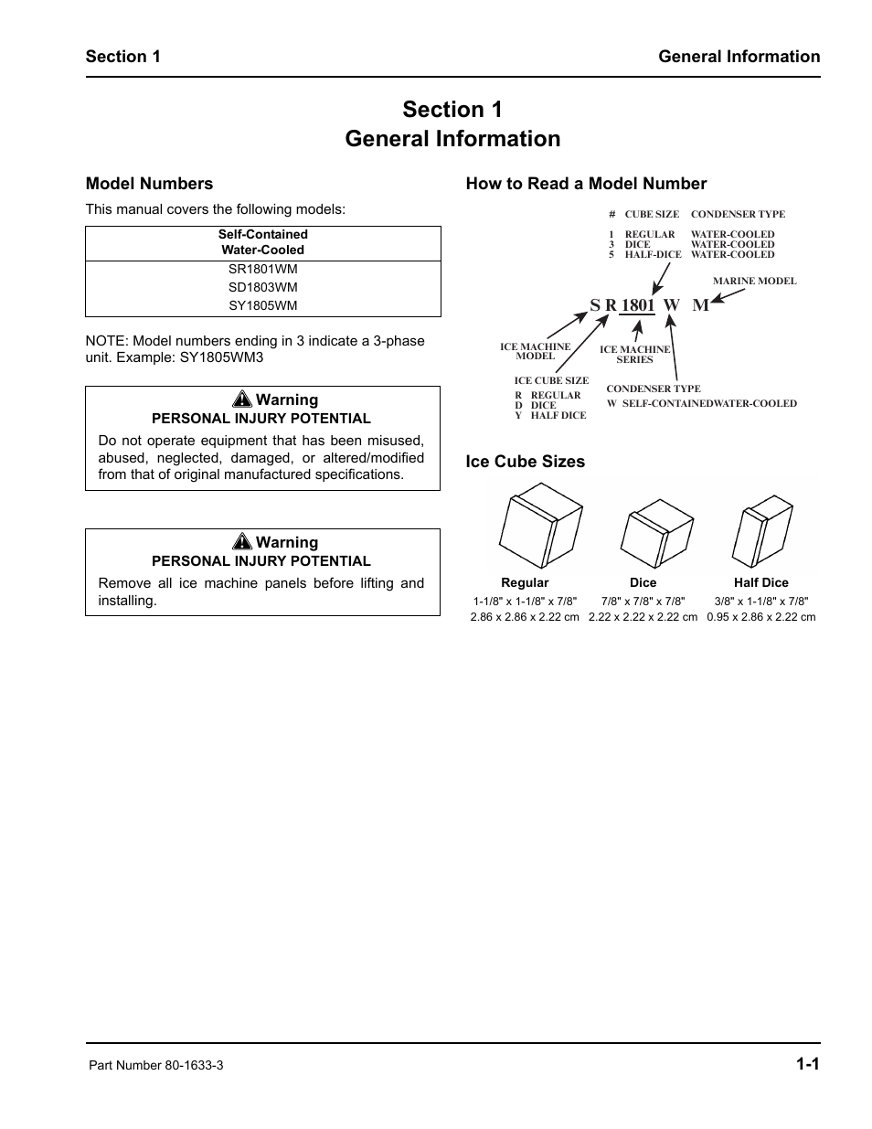 Model numbers, How to read a model number ice cube sizes, S r 1801 w m | Warning | Manitowoc Ice S1800M User Manual | Page 5 / 38