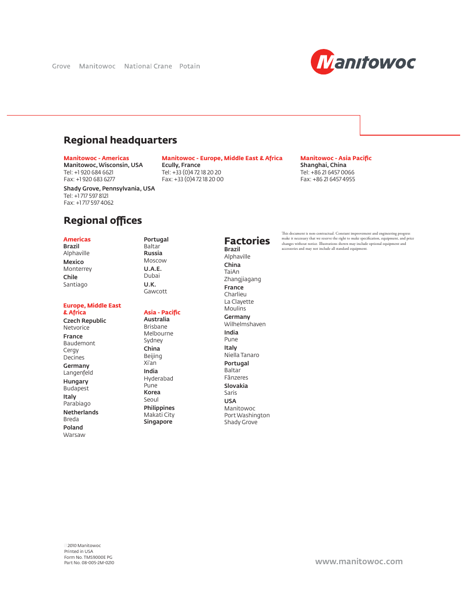 Factories, Regional offices, Regional headquarters | Manitowoc Ice Manitowoc Groove TMS9000E User Manual | Page 28 / 28