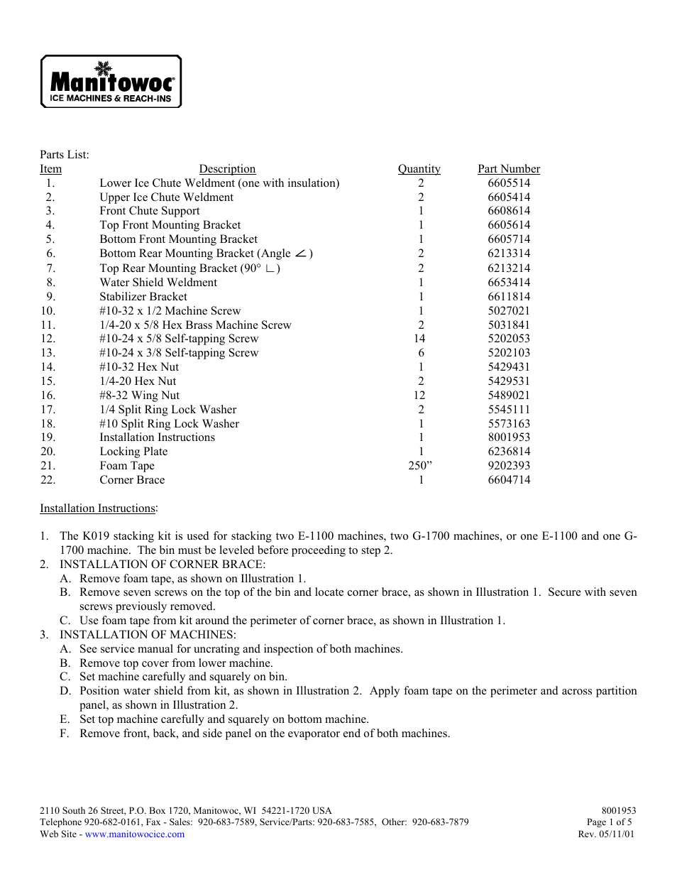 Manitowoc Ice E-1100 User Manual | 2 pages