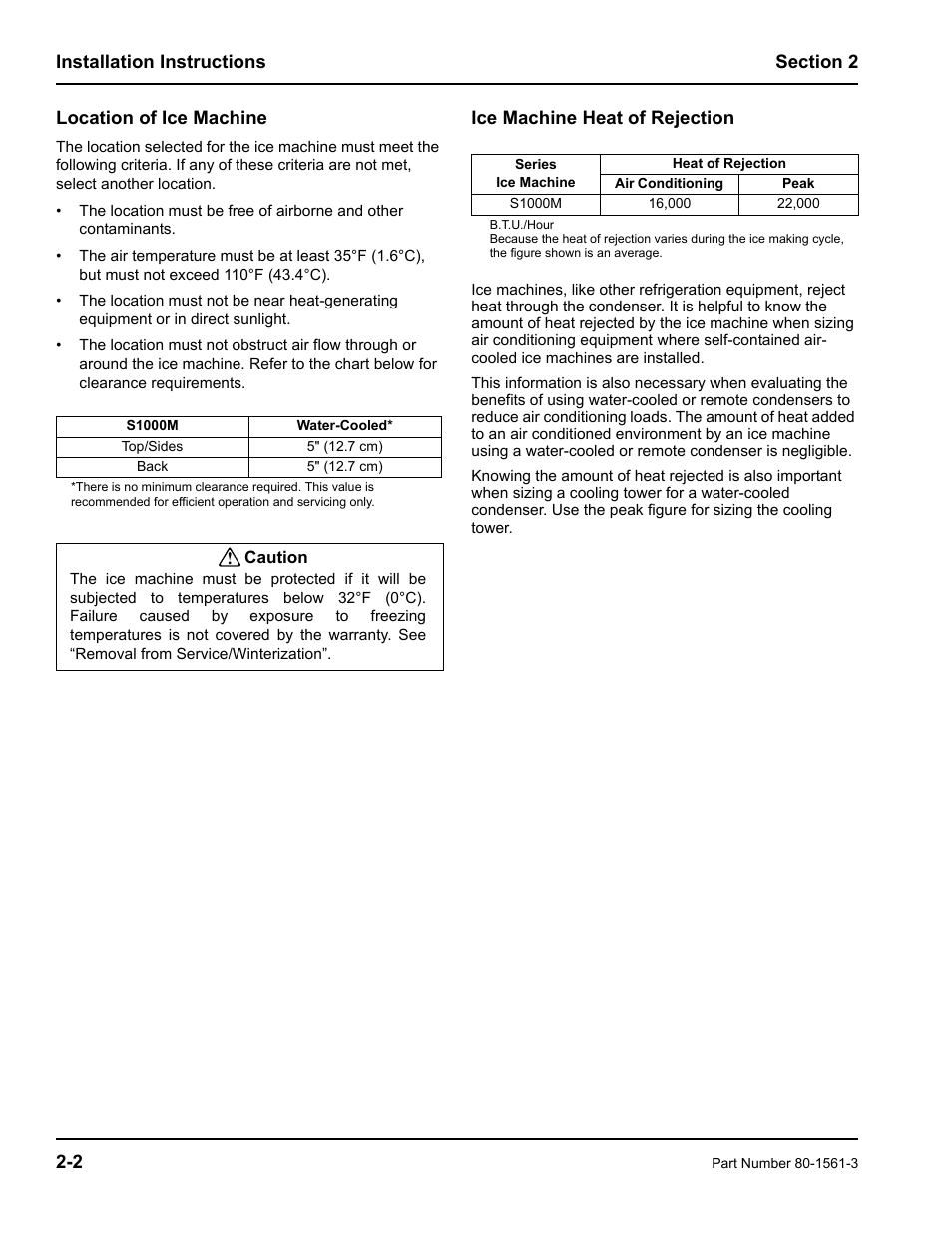 Location of ice machine, Ice machine heat of rejection | Manitowoc Ice S1000M User Manual | Page 10 / 38