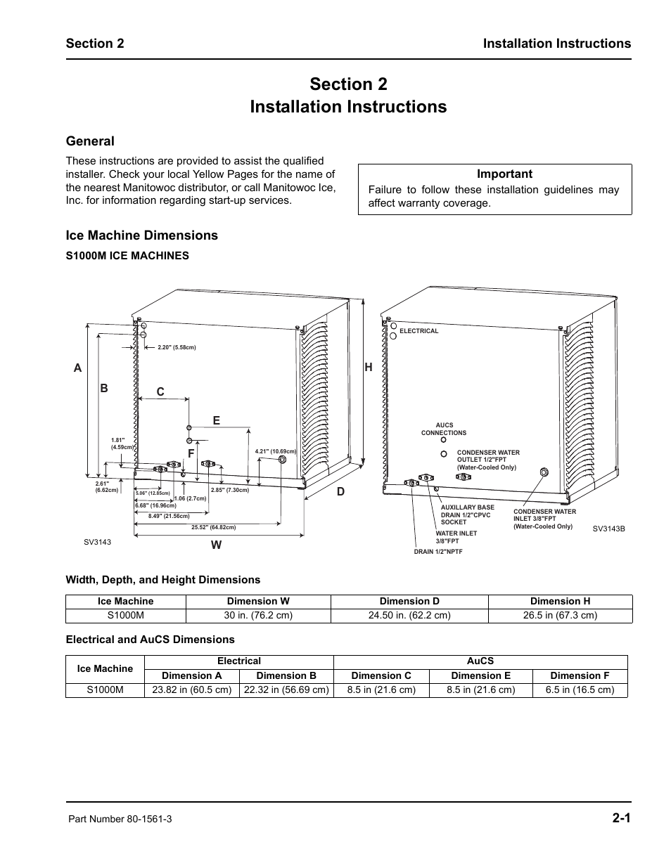 General, Ice machine dimensions, Important | Manitowoc Ice S1000M User Manual | Page 9 / 38