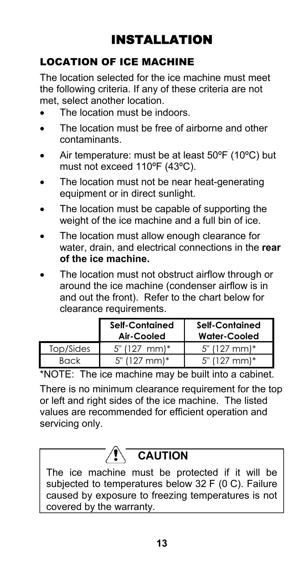 Installation, Caution | Manitowoc Ice CM MODEL STH003 User Manual | Page 13 / 88