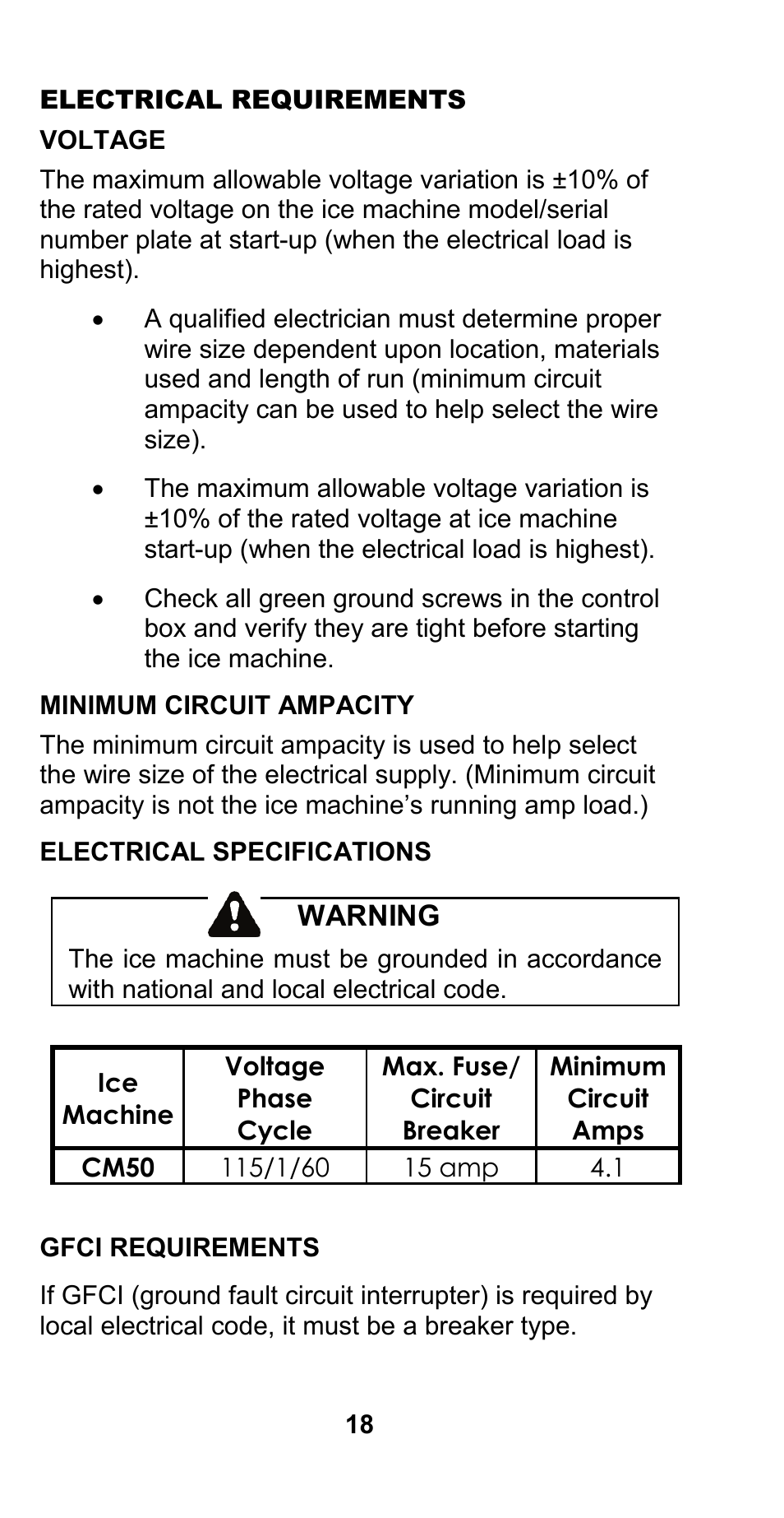 Warning | Manitowoc Ice CM MODEL STH003 User Manual | Page 18 / 88